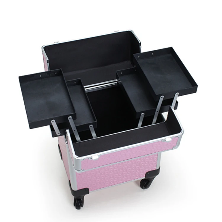 
wholesale Professional Portable Aluminum cosmetic vanity case trolley box makeup train case 