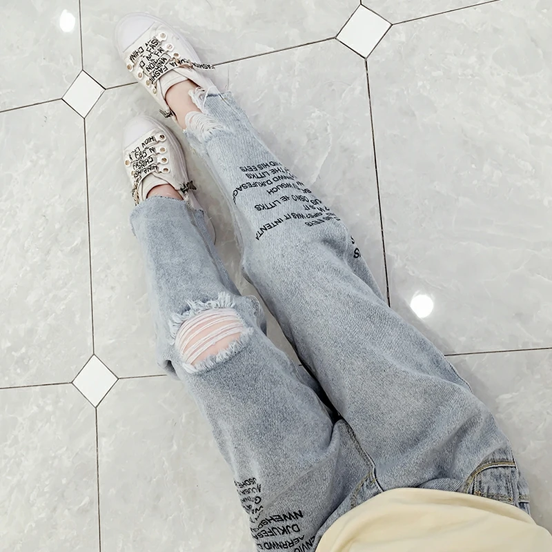 
Good Quality Girls Fashionable Spring Washed Denim Pants Kids Letter Printed Jeans 