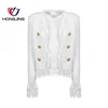womenWhite Frayed Tweed Jacket long sleeves with button frayed edge hemline front open no closure party night banquet jacket