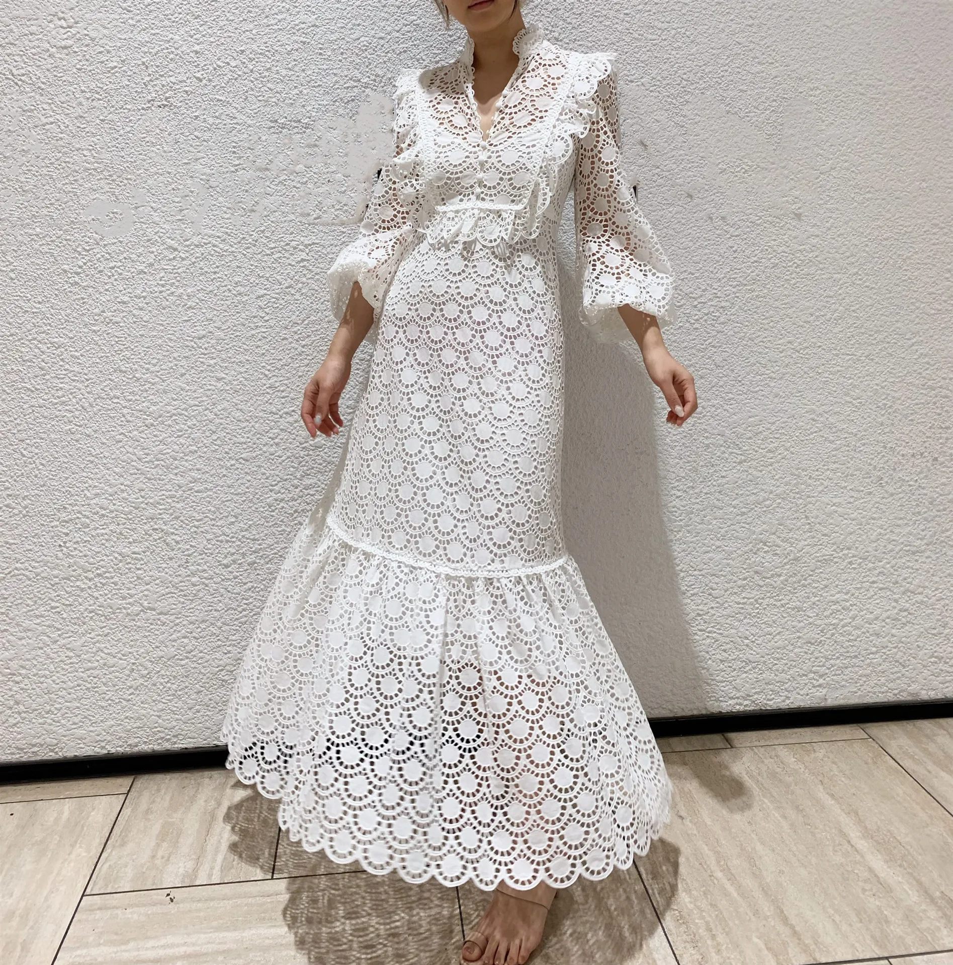 

women's Long Sleeve Gowns Vintage Prom Dress Vestidos De Fiesta Cotton V neck Trimming Lace hollow Fishtail Skirt Dress