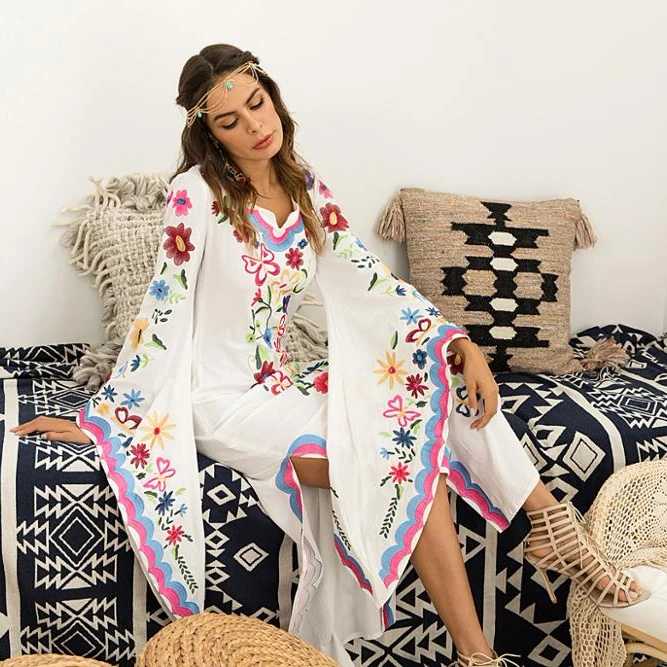 

cotton embroidered long Muslim dress with flared sleeve and v-neck
