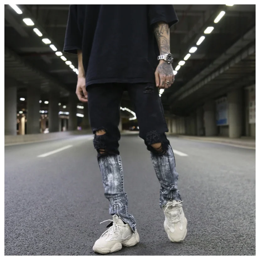 

OEM FOG stock drop ship skinny ripped zipper ankle jeans men pants paint black jeans