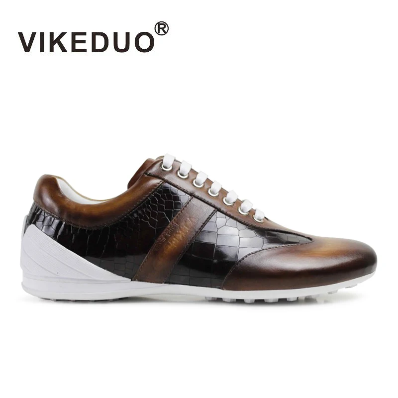 

VIKEDUO Hand Made Leather Painted Footwear Man Calfskin Handcrafted Sneaker Italian Male Wholesale Men Shoes Casual, Black brown