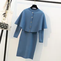 

Fashionable new arrival office lady slim fit poncho cardigan long sleeve over knee sweater dress twin set