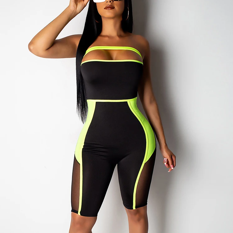 

New Arrival In Stock Green Mesh Stitching Sexy Club Women Summer Jumpsuits Rompers