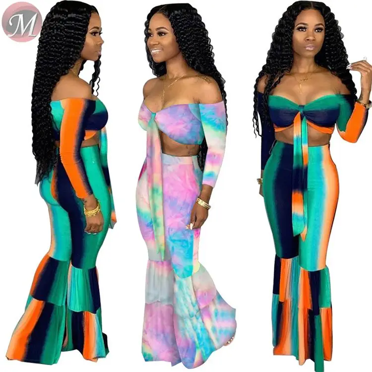 9061324 queenmoen wholesale casual fashion long sleeve crop top and flare pants woman 2 piece set