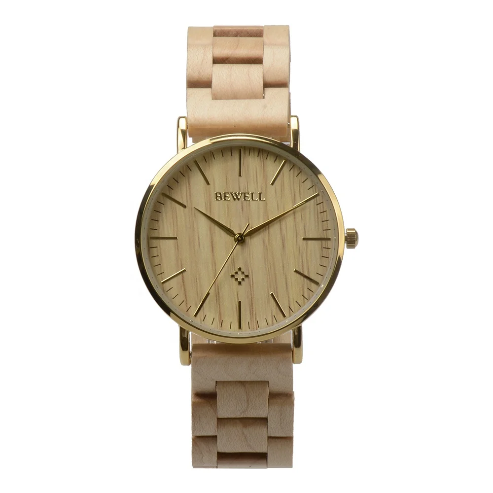 

Custom Brand Minimalist Stainless Steel Gold Plated Wrist Watch With Wood Band, Picture