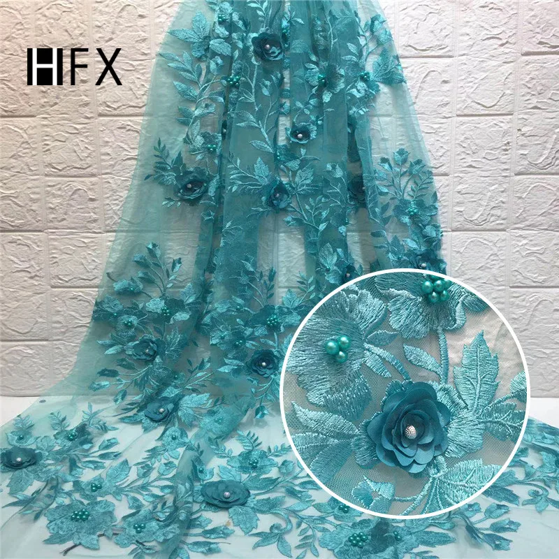 

HFX Nigeria Embroidered African Bridal 3d Flowers High Quality Tulle Lace Turquoise Blue Beaded Net Lace Fabric
