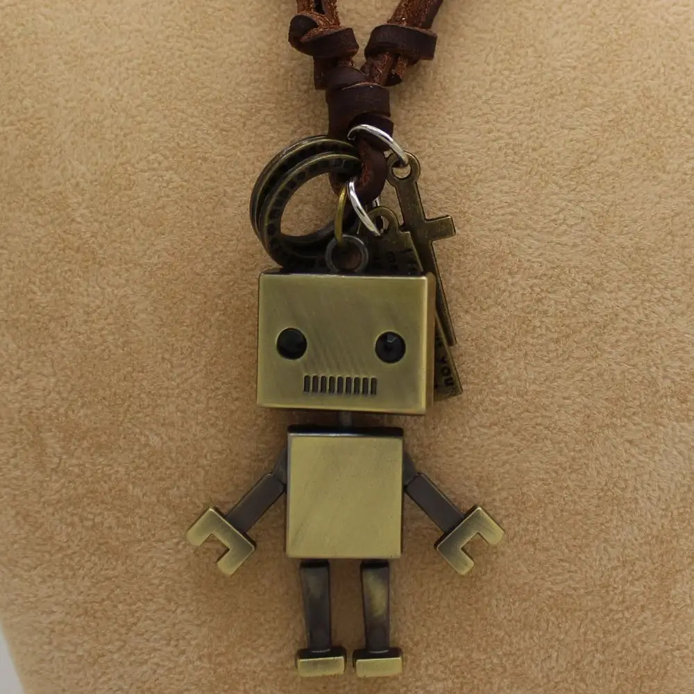 

Fashion Long Necklace Real Leather Sweater Chain Robot For Women Men Pendant Necklace Jewelry