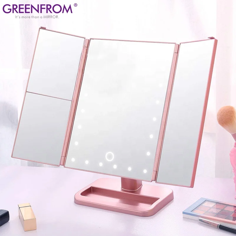 Tri Fold Square Cosmetic Lighted Travel Standing Compact Plastic