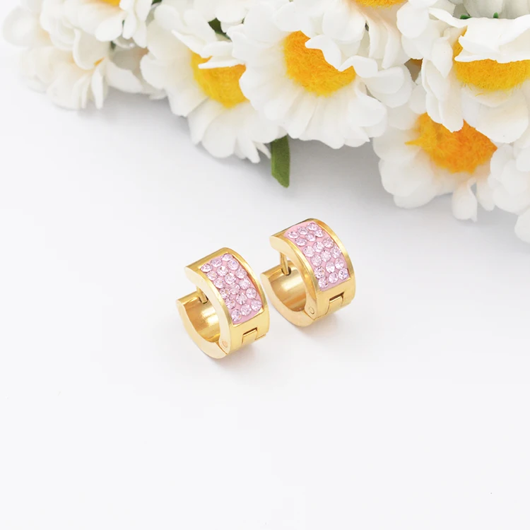 

custom pink rhinestone gold color stainless steel earrings