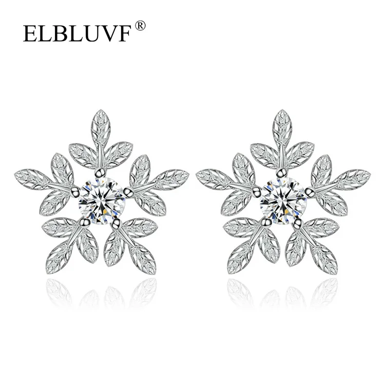 

ELBLUVF Free Shipping 925 Silver Plated Copper Alloy Fresh Flower Shape Metal Leaf Shape Jewelry For Women Earrings, White gold