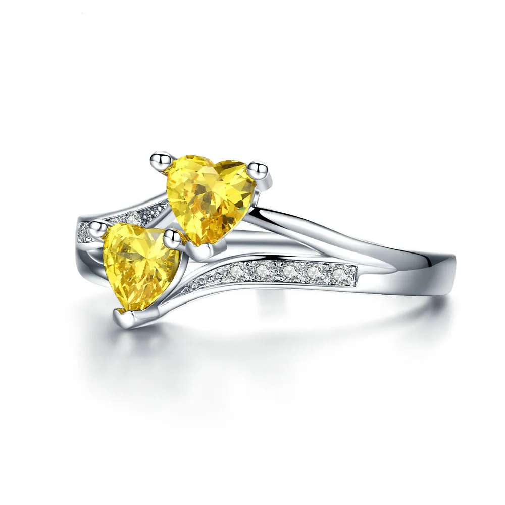 

White Gold Plated Crystal Diamond Ring Pave Setting Yellow Double Love Cubic Zircon Ring, Picture