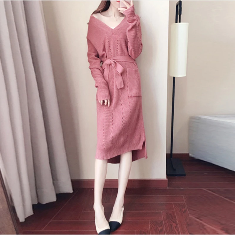 

high quality wholesale women sexy sashes knit skirt long sleeve vintage v-neck ladies sweater dress for evening party, Orange, blue, gray, blue