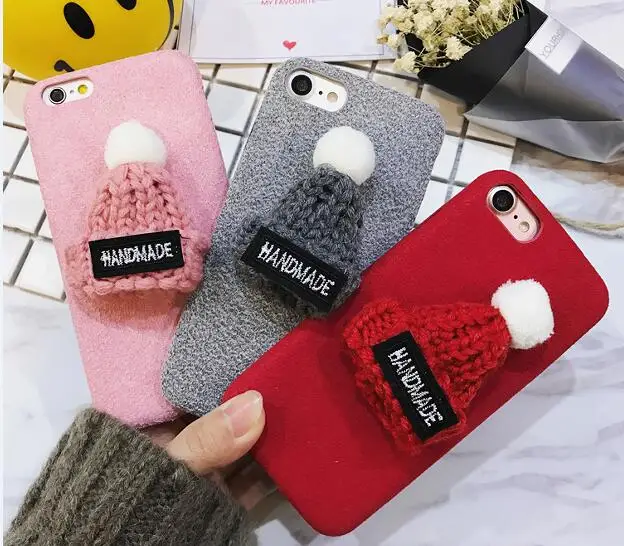 

handmade funny Warm 3D plush Hat Case Soft fur Tpu Silicone case for Iphone 7 7plus 6s 6 plus 8 for gift back cover cases