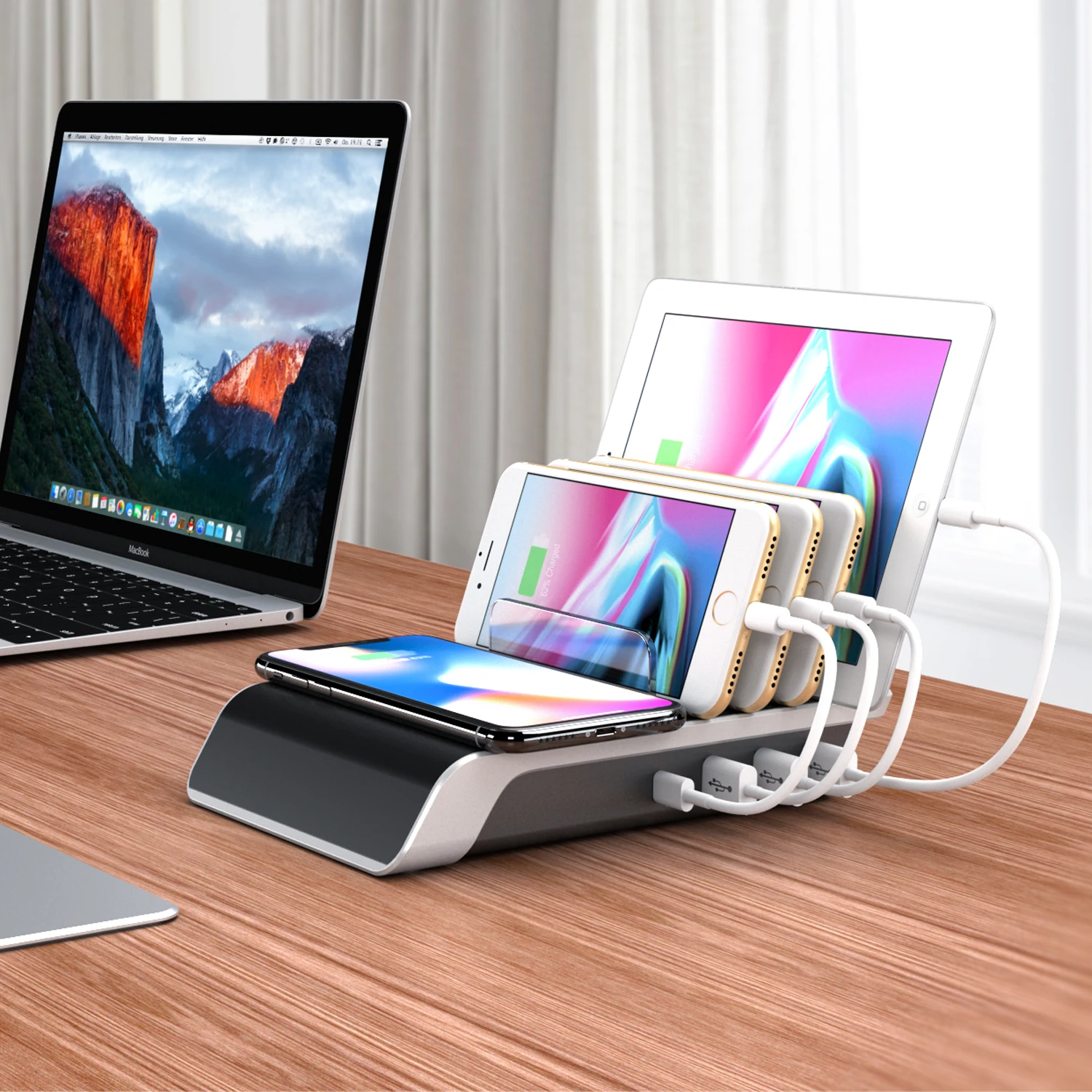 

Show Wish Desktop wireless charging station 5-in-1 multiple charger dock organizer stand with 4 USB ports for all mobile phones, Black