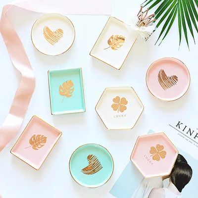 

Dropship Nordic style Ceramic pink tender gold jewelry dish dessert storage small dish home decoration jewelry ring dish, As photos or customized