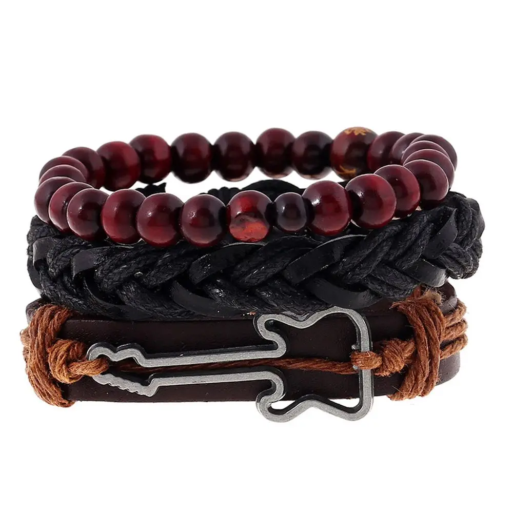 2019 New Arrival Best Selling Products 3pcs In One Punk Style Wood Beads Guitar Leather Men Bracelet