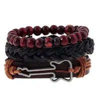 

2019 New Arrival Best Selling Products 3pcs In One Punk Style Wood Beads Guitar Leather Men Bracelet
