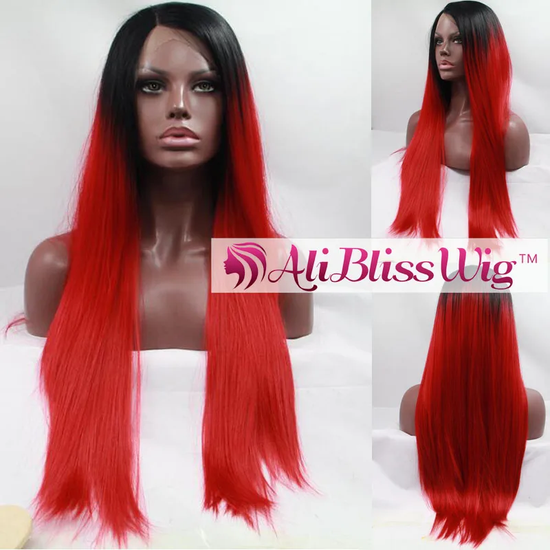 

Free Shipping Straight Heat Resistant Fiber Right Side Parting Dark Roots Two Tone Ombre Red Lace Front Synthetic Wig for Women