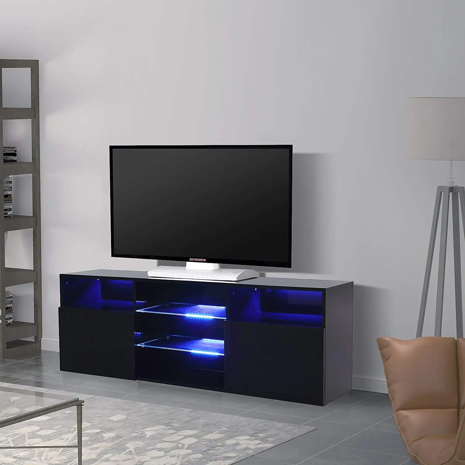 High Gloss Black TV Stand Unit Cabinet w/LED Shelves 2 Drawers Remote Control
