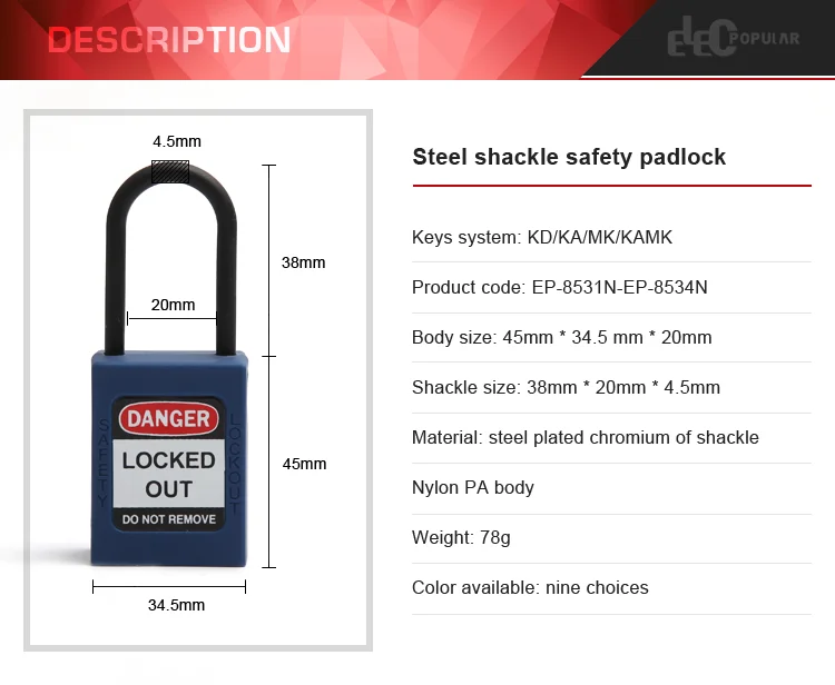 High Security Industrial 38mm Slim Insulation Shackle Red Safety Padlocks
