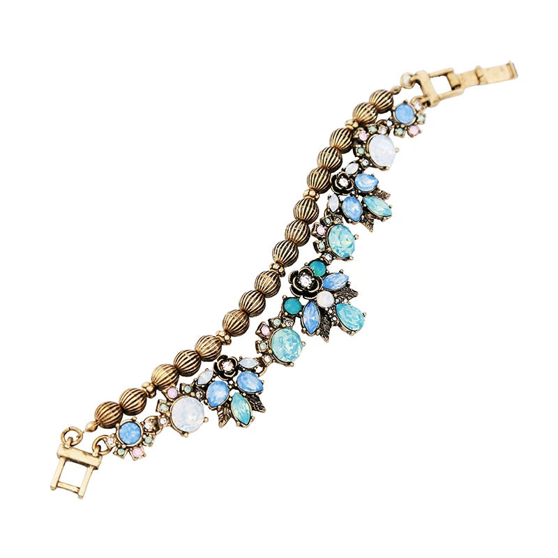 

sl00376b Vintage Gold Plated Jewelry Blue Opal Statement Women Handmade Beaded Bracelet