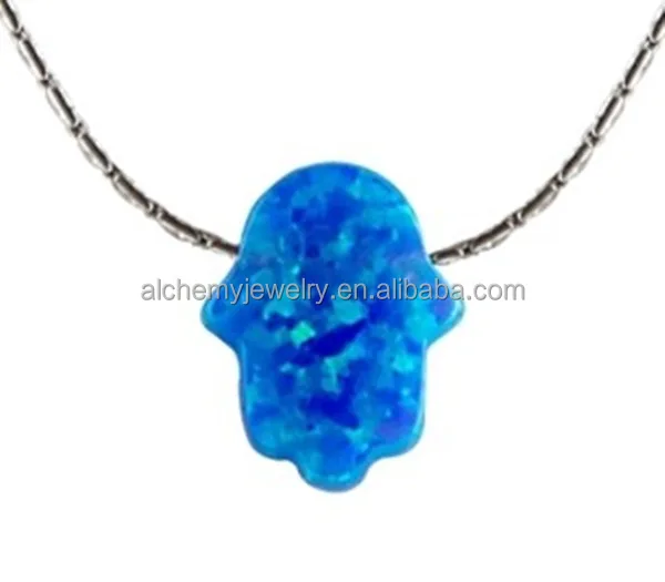 

11*13mm Women's Jewelry Blue Fire synthetic Opal Hamsa Hand of Fatima good luck charm Pendant, Silver