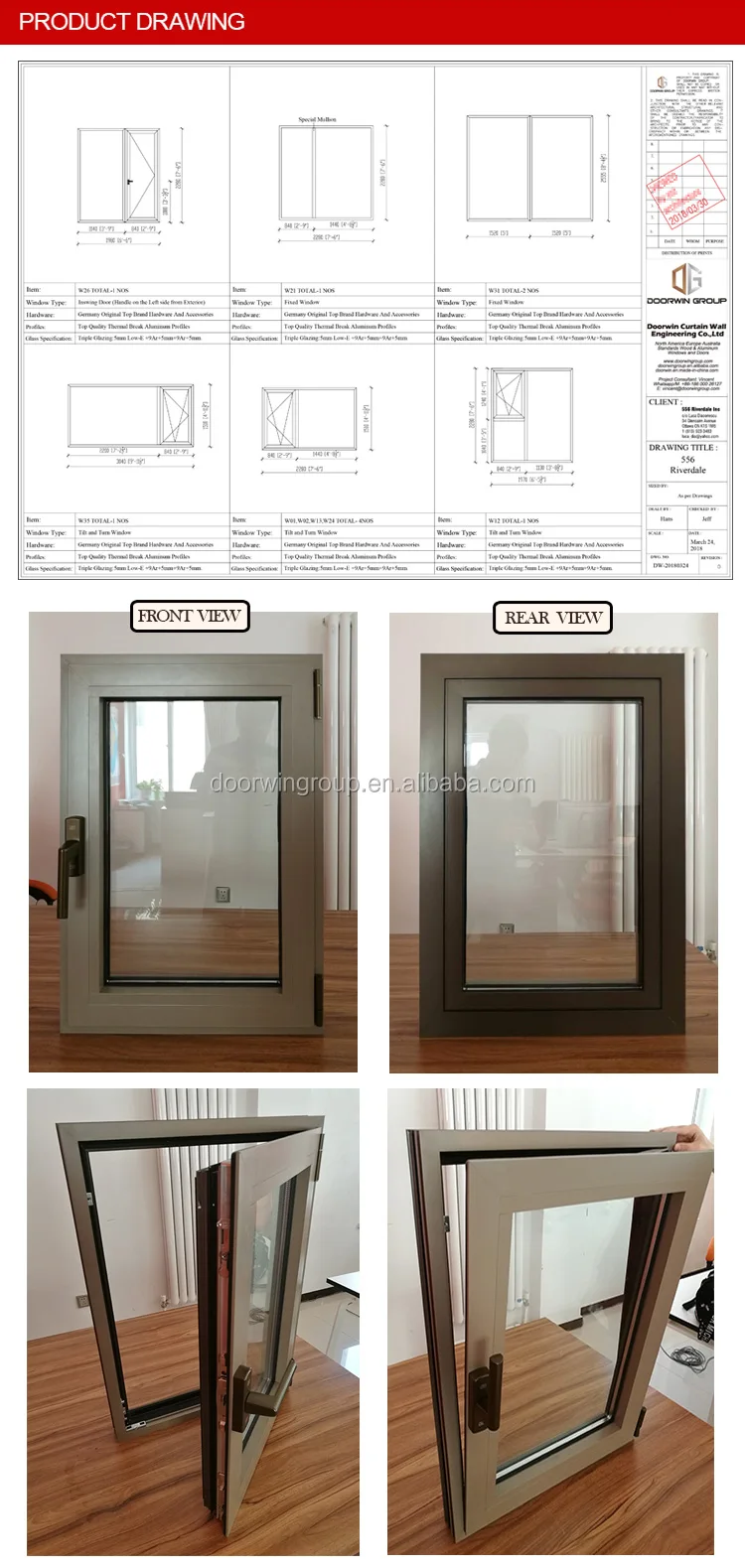 Doorwin European style 3 D wooden transfer thermal break aluminium tilt turn windows
