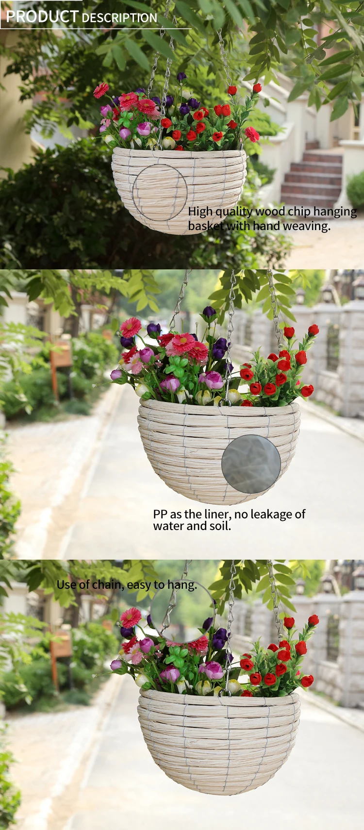 Handmade White Hanging Flower Pots With Plastic Liners For Garden To