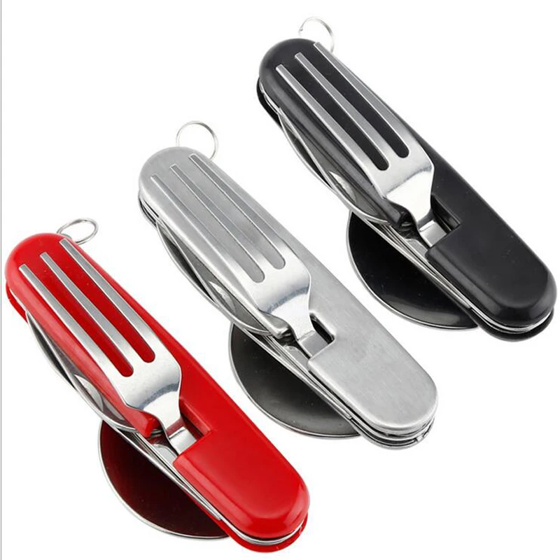 

Multifunctional outdoor camping tableware set with folding fork knife spoon, Silver,black,red,blue
