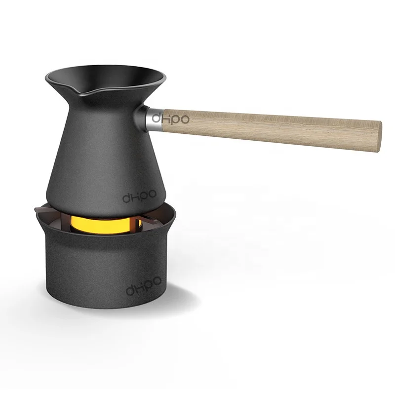 

New design Matte Black ceramic coffee pot warmer with wooden handle, Black, white, gray