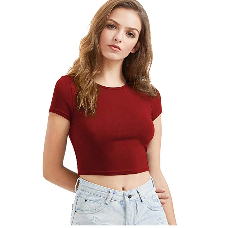 

custom short sleeve high quality Women's Basic Short Sleeve 100% cotton Scoop Neck Crop Top t shirt, Asked