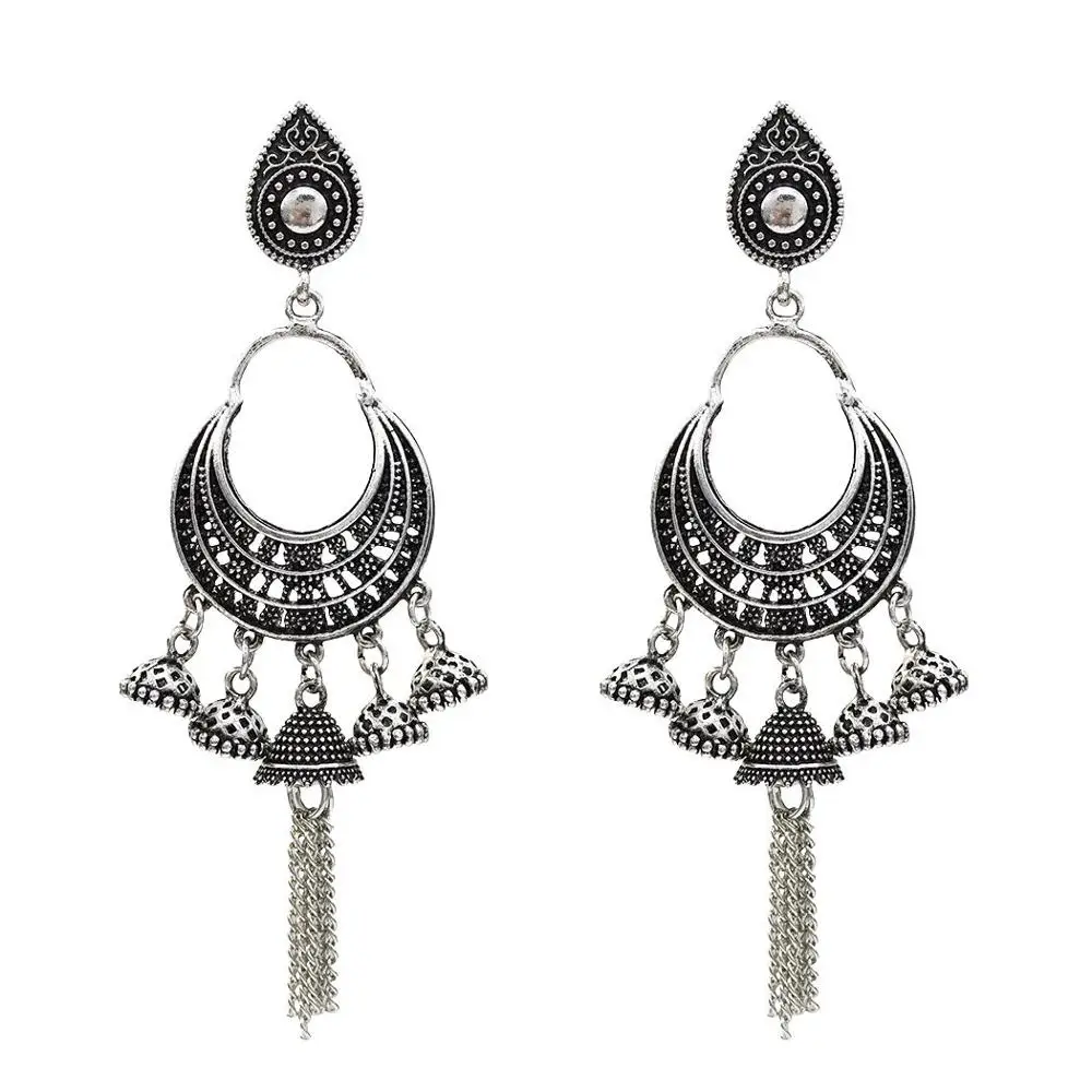 

Vintage Silver Gold Color Zamak Gypsy Indian Bells Long Tassel Statement Earrings For Women Boho Jewelry, Bronze