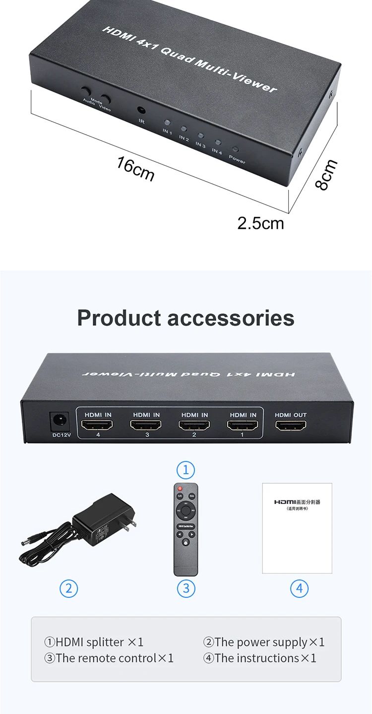 HDMI Switcher 4X1 3D 1920*1080P 60Hz HDMI Splitter 4 in 1 out with Remote Control