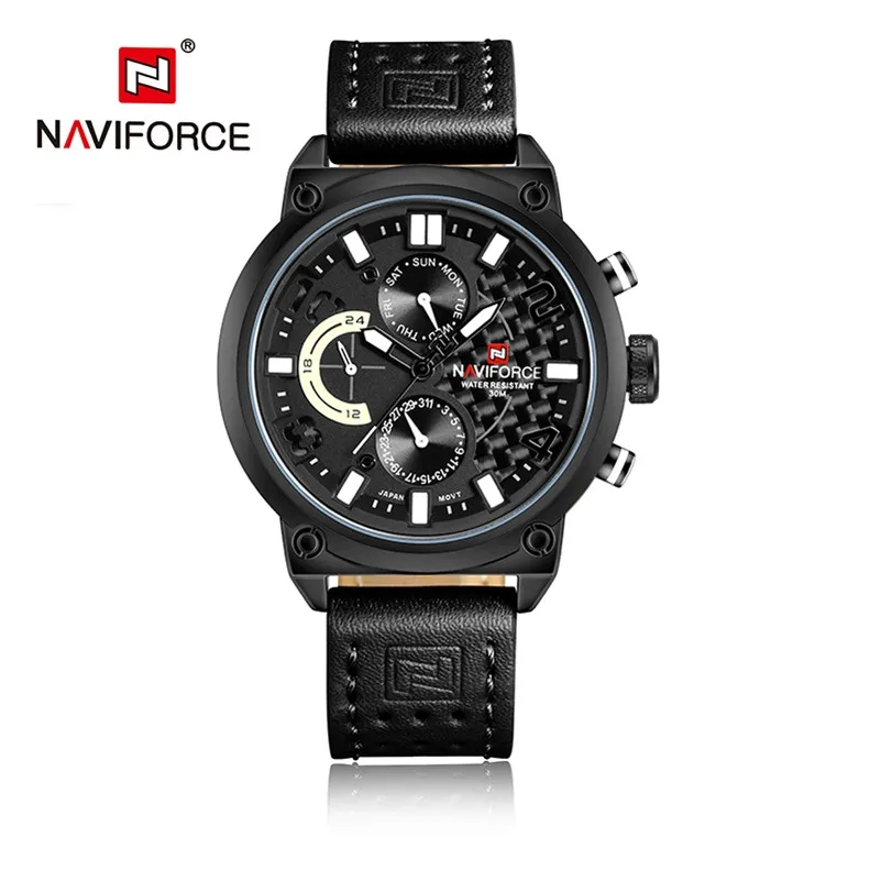 

Original luxury brand 9068 military leather strap male waterproof wristwatch quartz date week display naviforce men hand watch