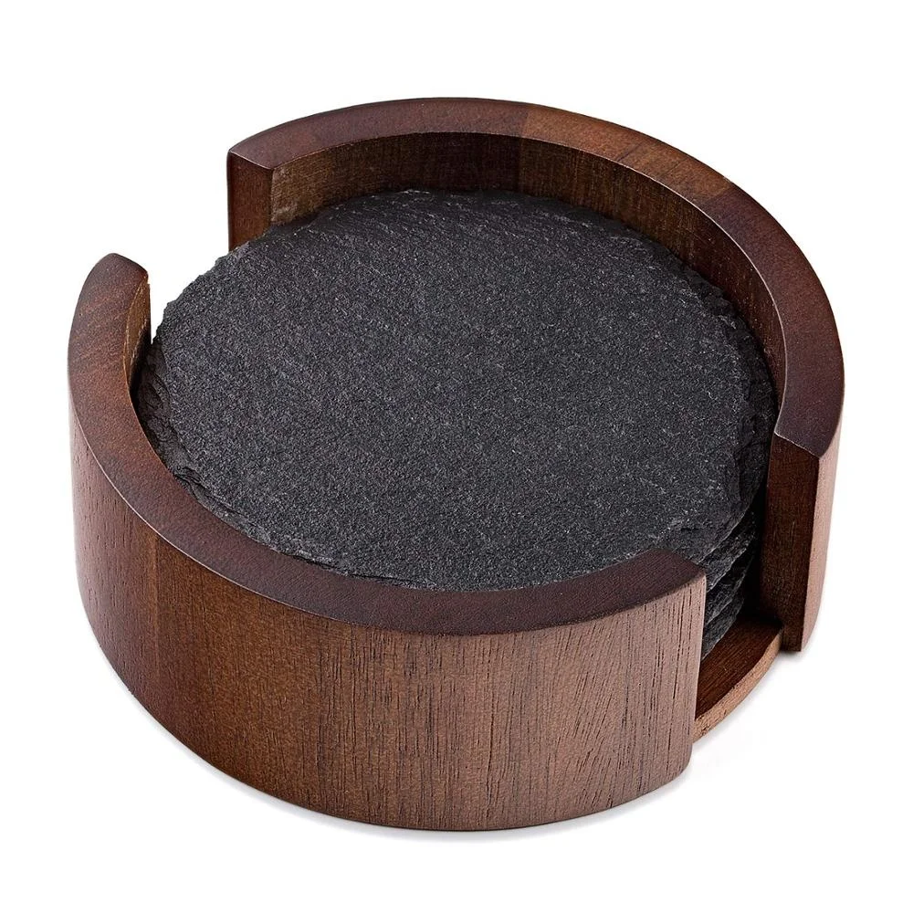 

On Stock Natural Wooden Coasters Holder Minimalist Acacia Wood Holder Square Round VCPC Slate Coaster With Wooden Holder