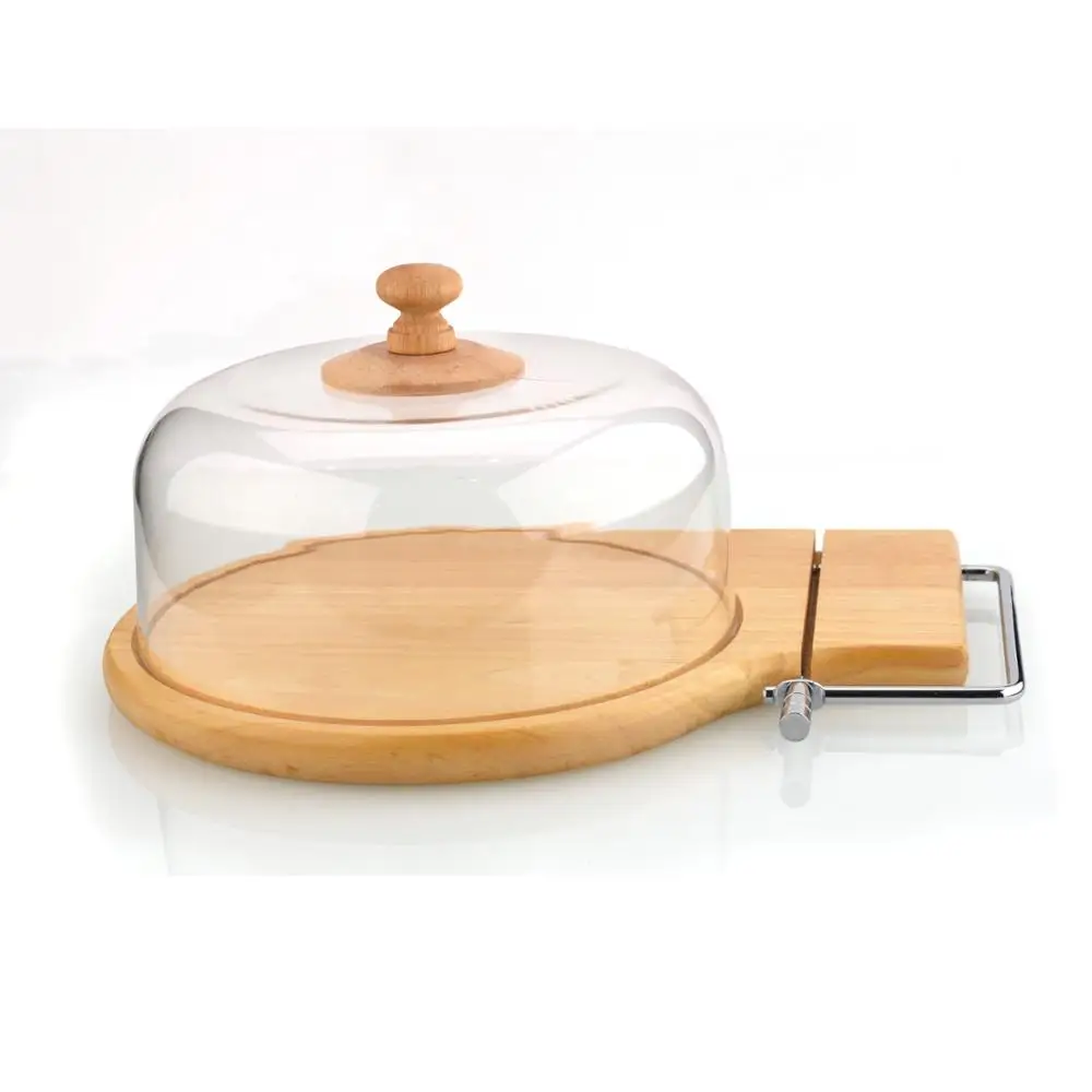 Clear Round Butter Cheese Keeper And Cutter With Wooden Board With