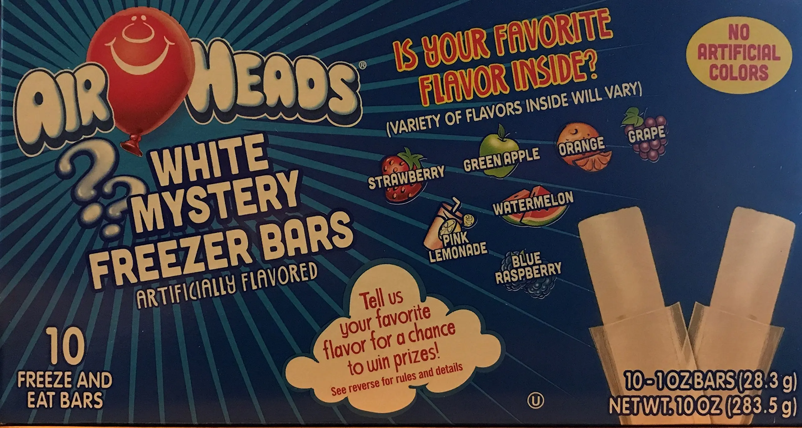 Air Heads White Mystery Freezer Bars! Strawberry! Greenapple! Orange! Grape! Pink Lemonade! Watermelon! Blue Raspberry! 10-1oz Bars!