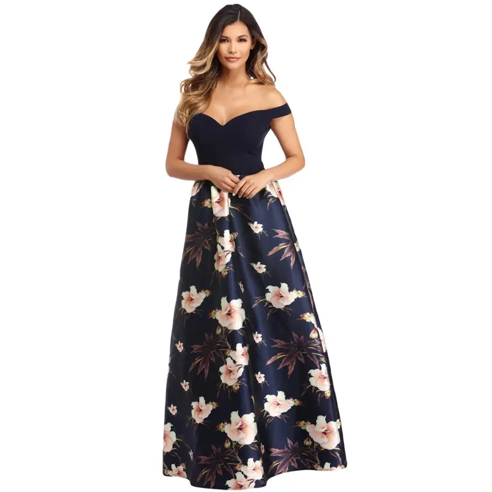 

Women Off Shoulder Bodice Floral Print Taffeta Skirt Gown Evening Party Dress