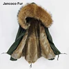 Women Real Rabbit Fur Lined Parka with Real Raccoon Fur Collar Jacket Short Style Parker