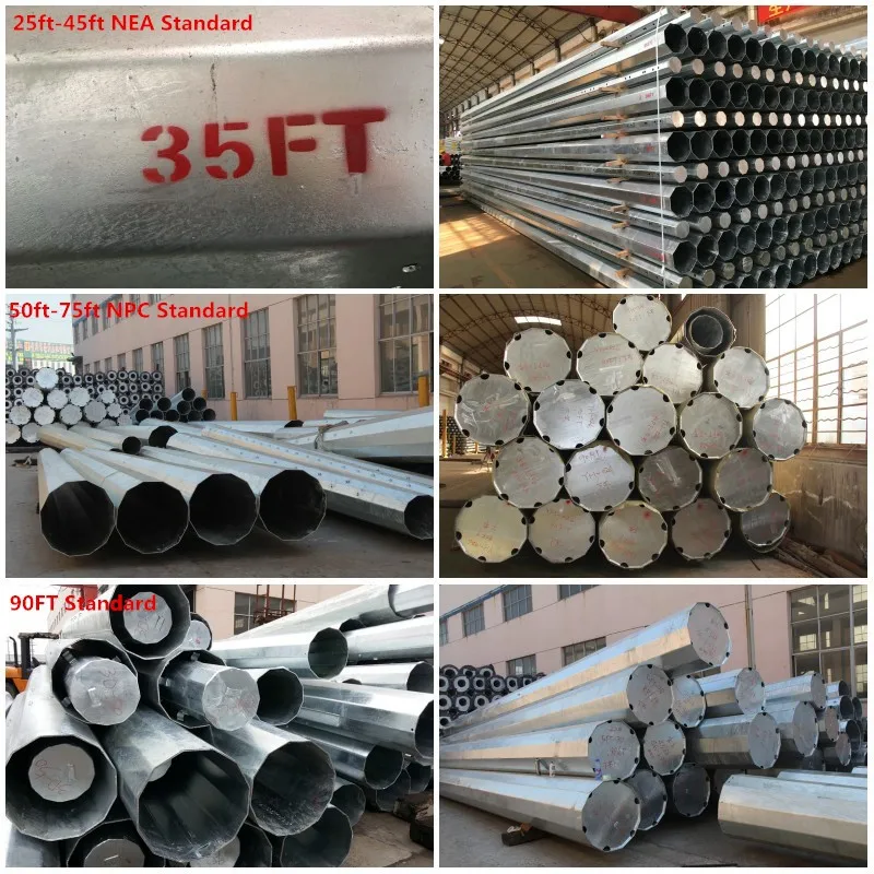 16m 800DaN 1000DaN Galvanized Electric Power Transmission Steel Pole for Direct Burial or Flange Type Installation