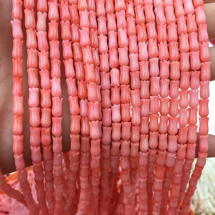 

CB8022c Natural Pink Coral Carved Tulip Flower Beads
