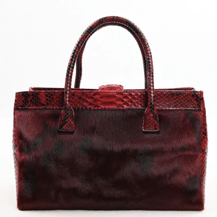 

Customized elegant fur handbags burgundy python and fur bags, Burgrandy