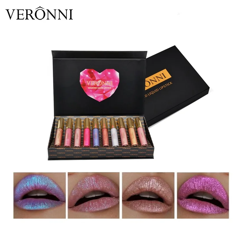 

Brand New! VERONNI 10 Colors Diamond Glitter Liquid Lipstick Set Lips Tint Makeup Set Professional Lip Gloss 10pcs/set Labiales