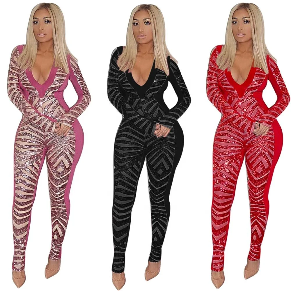 

Women's Fashion Spring Casual Loose Suit Full Sleeve Sexy Jumpsuit Sequin Panelled Jumpsuit Pants