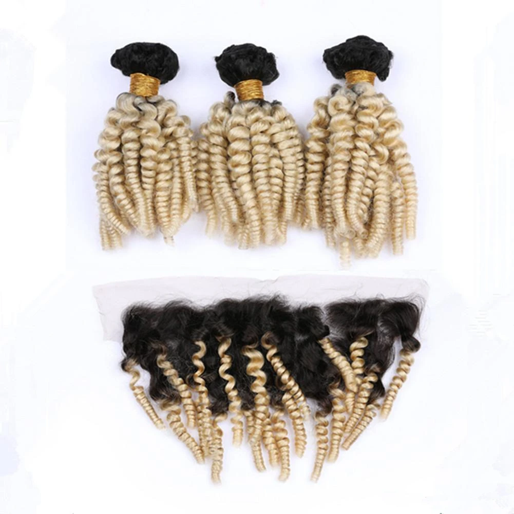 Wholesale brazilian ombre human hair funmi curly 1b 613 blonde bundles with frontal