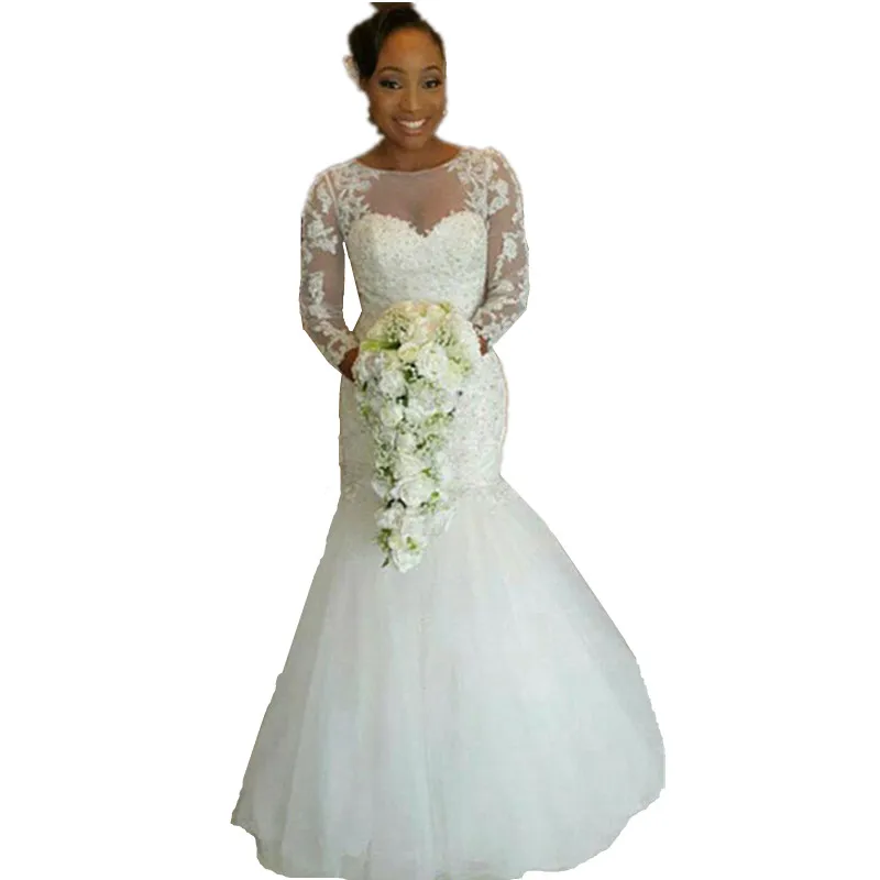 

Color and Size Free Pure White Lace wedding dress for African Women O-neck Full sleeves Mermaid wedding dress bridal gown, Pure white wedding dress;ivory