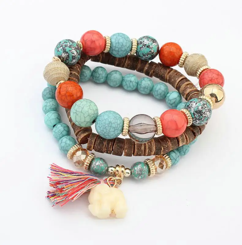 

Bohemian Fashion handmade multilayer elephant charms tassel turquoise wood bead bracelet for women, As photo