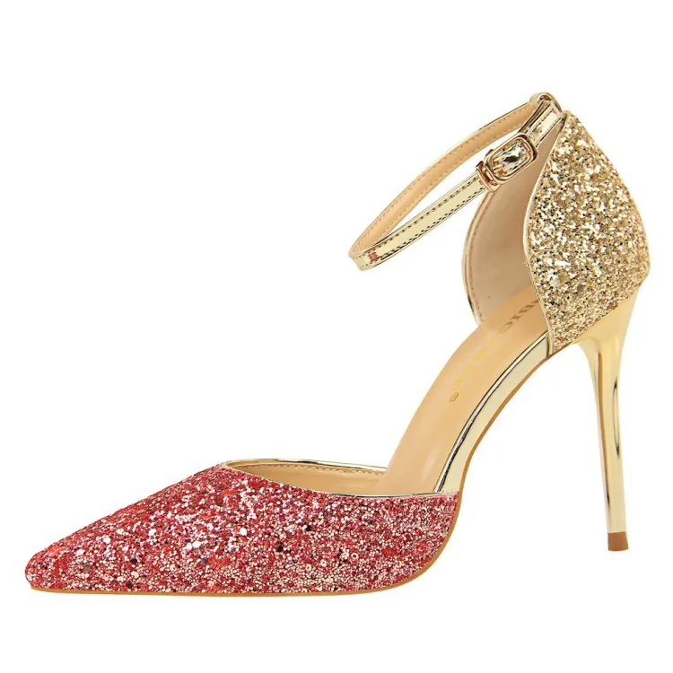

New design lady pointed toe high heel shoes fashion fancy buckle strap shoes, Gold white silver black blue gold silver champagne rose red wine red